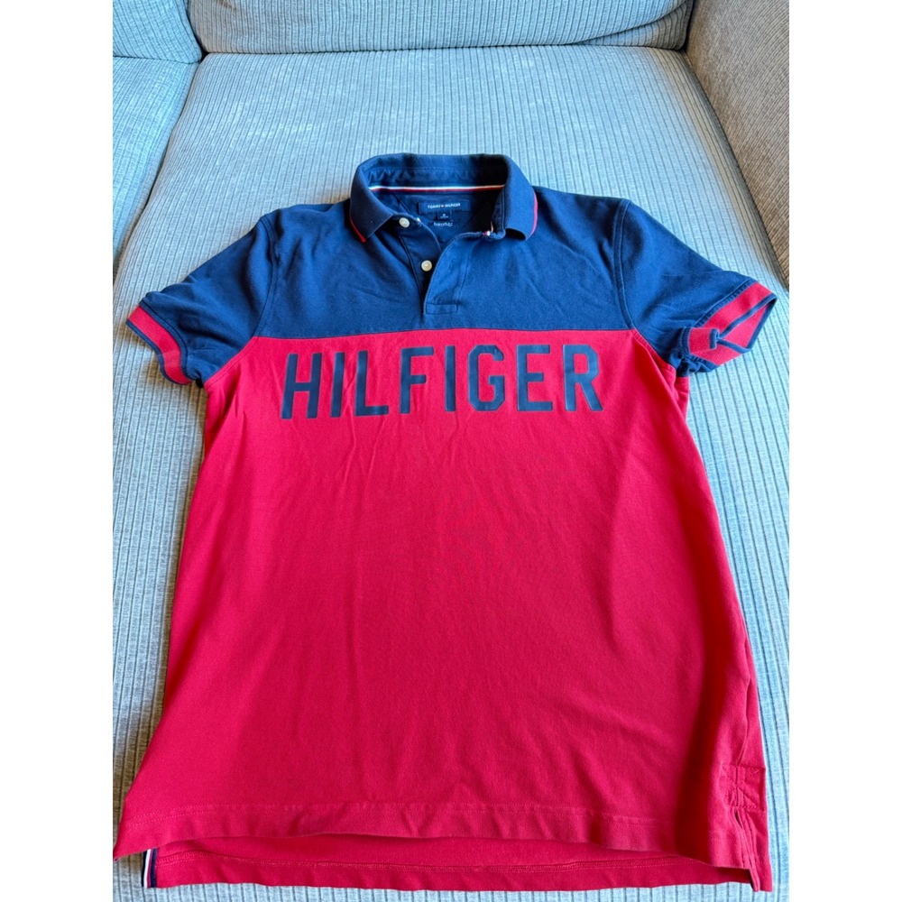 Tommy Hilfiger Mens Custom Fit Colorblock Logo Polo Shirt Red Navy Blue Medium